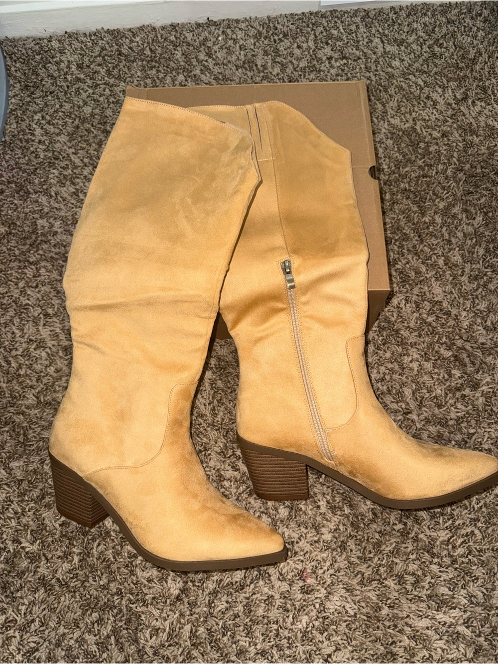 Over-The-Knee Suede Block Heel Boots in Tan